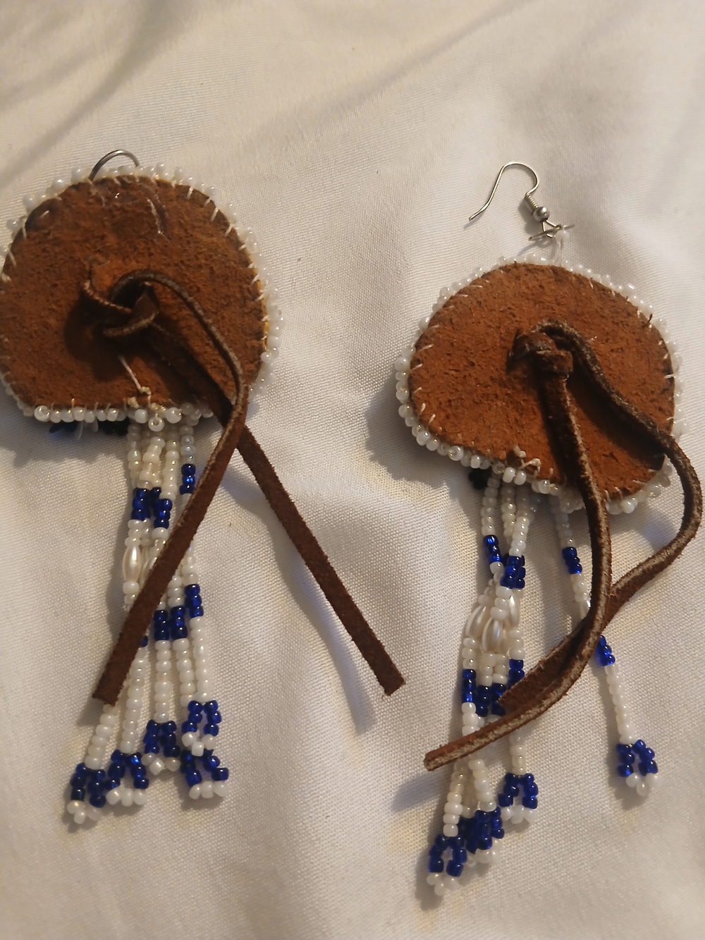 Handcrafted Vintage Native American Beaded Cream and Blue Fringe Earrings - Picture 2 of 3
